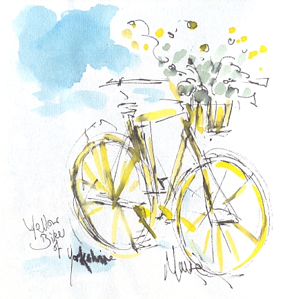 Cycling art, Tour de France, watercolour pen and ink painting, Yellow bike of Yorkshire by Maxine Dodd