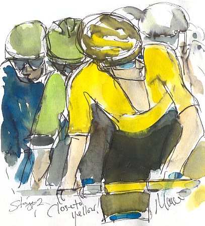 Cycling art, Tour de France, watercolour pen and ink painting, Close to Yellow by Maxine Dodd