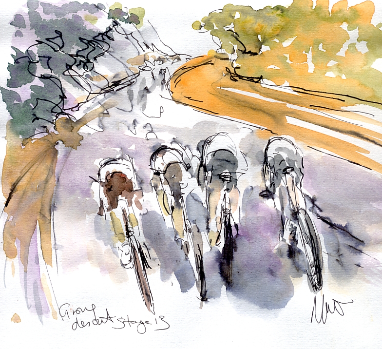 Cycling art, Tour de France, Watercolour painting Group descent, by Maxine Dodd