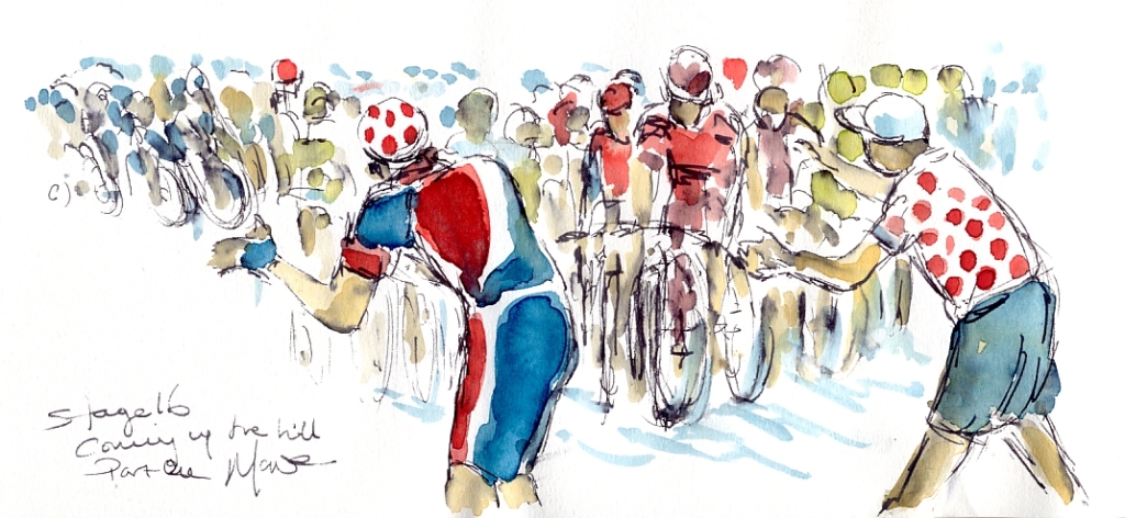 Cycling art, Tour de France, Watercolour painting Coming up the hill, part one, Stage 16, by Maxine Dodd